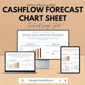 Könnte beinhalten: Werbebild für ein Cashflow-Forecast-Chart-Sheet mit 50 % Rabatt. Das Bild zeigt einen Computermonitor, einen Laptop und ein Tablet, die jeweils ein "Space Exploration Project"-Diagramm anzeigen. Der Text "Excel and Google Sheet" ist ebenfalls sichtbar.