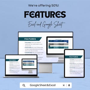 Peut inclure: Publicit&eacute; pour Excel et Google Sheet. L'image pr&eacute;sente un ordinateur portable, un ordinateur de bureau et une tablette, chacun affichant le mot &laquo; FEATURES &raquo;. Le texte &laquo; Excel and Google Sheet &raquo; est &eacute;galement visible.