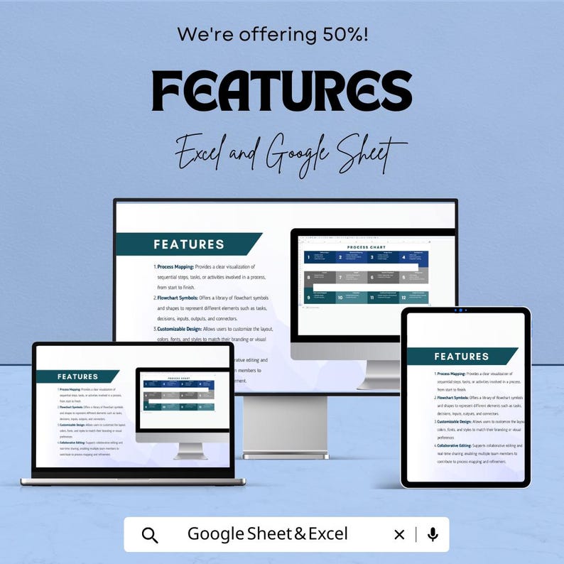 Peut inclure: Publicit&eacute; pour Excel et Google Sheet. L'image pr&eacute;sente un ordinateur portable, un ordinateur de bureau et une tablette, chacun affichant le mot &laquo; FEATURES &raquo;. Le texte &laquo; Excel and Google Sheet &raquo; est &eacute;galement visible.
