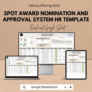 Può includere: Un'immagine che mostra un modello HR del sistema di nomina e approvazione dei premi Spot. Il testo include "Offriamo il 50%!" e "Excel e Google Sheet". Il modello è visualizzato su un laptop, un monitor e un tablet.