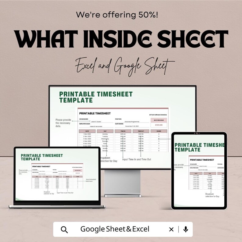 Printable Timesheet Template - Editable Excel & Google Sheet for Easy ...