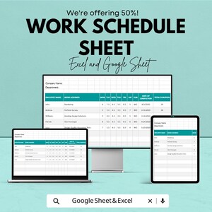 Op de afbeelding: Een promotieafbeelding voor een werkschema, weergegeven op een computermonitor, laptop en tablet. De tekst luidt "WORK SCHEDULE SHEET Excel and Google Sheet" met een aanbieding van 50%. De lay-out omvat werknemersnamen, toegewezen werk en een wekelijks schema.