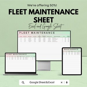 Könnte beinhalten: Werbung für ein Flottenwartungsblatt, angezeigt auf einem Laptop, Desktop-Monitor und Tablet. Der Text lautet "FLEET MAINTENANCE SHEET" mit "Excel and Google Sheet" darunter. Der Hintergrund ist hellgrün.