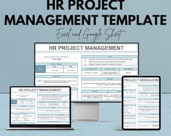 Könnte beinhalten: Eine digitale HR-Projektmanagement-Vorlage wird auf einem Laptop, einem Desktop-Monitor und einem Tablet angezeigt. Die Vorlage ist für Excel und Google Sheets. Der Text auf dem Bildschirm lautet "HR Project Management" und "We're offering 50%!"