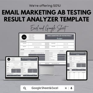 Op de afbeelding: Een digitale marketing sjabloon weergegeven op een laptop, desktop monitor en tablet. De sjabloon is gelabeld "EMAIL MARKETING AB TESTING RESULT ANALYZER TEMPLATE" en is ontworpen voor gebruik met Excel en Google Sheets. De afbeelding bevat de tekst "We're offering 50%!"