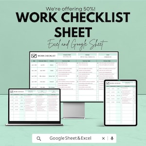 Puede incluir: Imagen promocional de una hoja de verificación de trabajo, disponible para Excel y Google Sheets. La hoja de verificación se muestra en un monitor de computadora, una computadora portátil y una tableta. El texto "We're offering 50%!" está en la parte superior.
