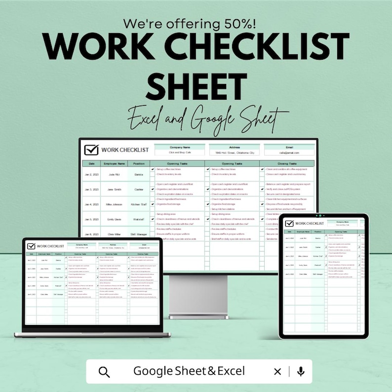 May include: An advertisement for a work checklist sheet, compatible with Excel and Google Sheets. The image displays the checklist on a computer monitor, a laptop, and a tablet. The text "We're offering 50%!" is at the top of the image.