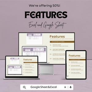 K&ouml;nnte beinhalten: Werbebild f&uuml;r eine digitale Tabellenvorlage mit dem Wort &bdquo;FEATURES&ldquo; und dem Text &bdquo;Excel and Google Sheet&ldquo;. Das Bild zeigt einen Laptop, einen Desktop-Monitor und ein Tablet, die alle die Benutzeroberfl&auml;che der Vorlage anzeigen.