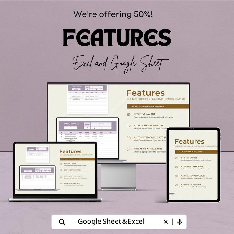 K&ouml;nnte beinhalten: Werbebild f&uuml;r eine digitale Tabellenvorlage mit dem Wort &bdquo;FEATURES&ldquo; und dem Text &bdquo;Excel and Google Sheet&ldquo;. Das Bild zeigt einen Laptop, einen Desktop-Monitor und ein Tablet, die alle die Benutzeroberfl&auml;che der Vorlage anzeigen.