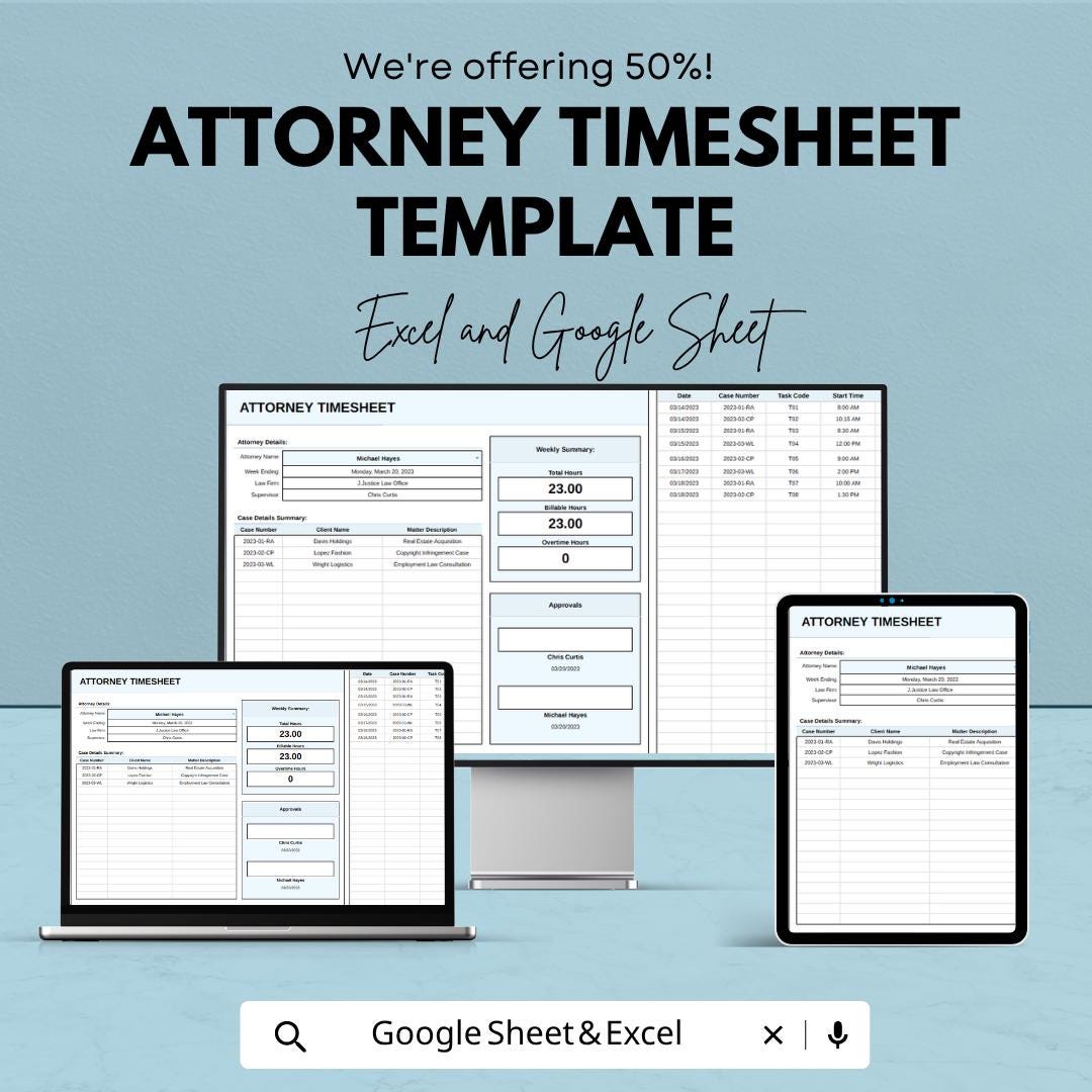 Attorney Timesheet Template | Legal Billing Tracker | Lawyer Time ...