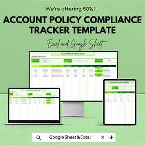 Puede incluir: Anuncio de una plantilla de seguimiento de cumplimiento de políticas de cuenta. El texto dice: "¡Ofrecemos un 50 %! PLANTILLA DE SEGUIMIENTO DE CUMPLIMIENTO DE POLÍTICAS DE CUENTA Excel y Google Sheet". La plantilla se muestra en un portátil, un monitor de escritorio y una tableta.