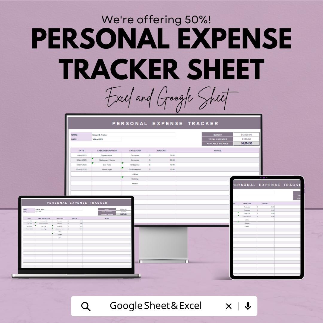 Personal Expense Tracker Sheet - Excel & Google Sheets Template for ...
