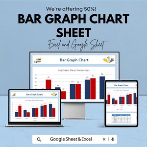 Könnte beinhalten: Eine digitale Grafik mit Balkendiagrammen auf einem Laptop, einem Desktop-Monitor und einem Tablet. Die Diagramme zeigen Daten zu Eiscreme-Geschmackspräferenzen mit roten und blauen Balken. Der Text lautet "BAR GRAPH CHART SHEET Excel and Google Sheet."