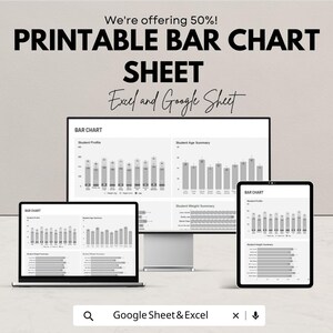 Può includere: Un foglio di grafici a barre digitali visualizzato su un monitor di computer, un laptop e un tablet. Il testo sull'immagine recita "PRINTABLE BAR CHART SHEET" e "Excel and Google Sheet". I grafici a barre mostrano riepiloghi del profilo, dell'età e del peso degli studenti.