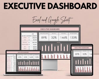 May include: An advertisement for an Executive Dashboard, displayed on a computer monitor, laptop, and tablet. The dashboard shows financial data with charts and percentages. The text includes "Excel and Google Sheet" and "We're offering 50%!"