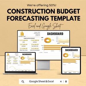 May include: A construction budget forecasting template displayed on a laptop, desktop monitor, and tablet. The template shows financial data with charts and graphs. The text includes "Construction Budget Forecasting Template" and "Excel and Google Sheet."