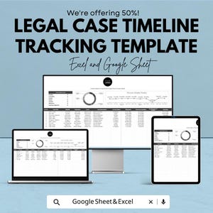 Op de afbeelding: Digitale weergave van een sjabloon voor het volgen van de tijdlijn van juridische zaken, met gegevens op een computermonitor, laptop en tablet. De tekst luidt "LEGAL CASE TIMELINE TRACKING TEMPLATE" en "Excel and Google Sheet."