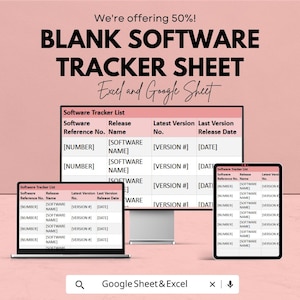Può includere: Una grafica rosa che promuove un foglio di monitoraggio software vuoto per Excel e Google Sheets. Il testo include "We're offering 50%!" e mostra il tracker su un laptop, tablet e telefono.