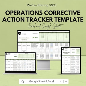 May include: An advertisement for an Operations Corrective Action Tracker Template, available for Excel and Google Sheets. The image shows the template displayed on a laptop, a monitor, and a tablet. The text includes "We're offering 50%!" and "60.00%"