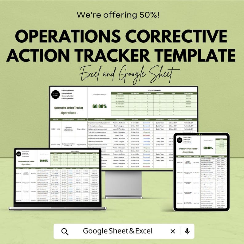 May include: An advertisement for an Operations Corrective Action Tracker Template, available for Excel and Google Sheets. The image shows the template displayed on a laptop, a monitor, and a tablet. The text includes "We're offering 50%!" and "60.00%"