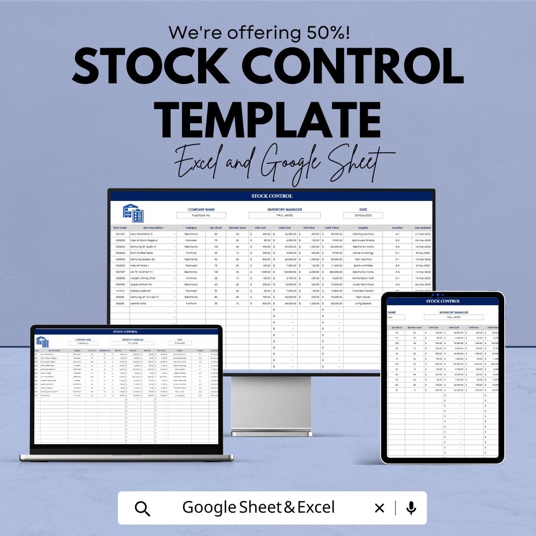 Stock Control Template Excel & Google Sheets | Inventory Management ...