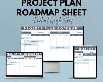 Foglio di roadmap del piano di progetto / Fogli Google / Gestione delle attività / Pianificatore di progetto personalizzabile / Roadmap per l'allocazione di team e risorse