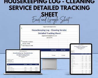 May include: Image of a housekeeping log and cleaning service detailed tracking sheet displayed on a laptop, desktop monitor, and tablet. The text reads "We're offering 50%!" and "Excel and Google Sheet."