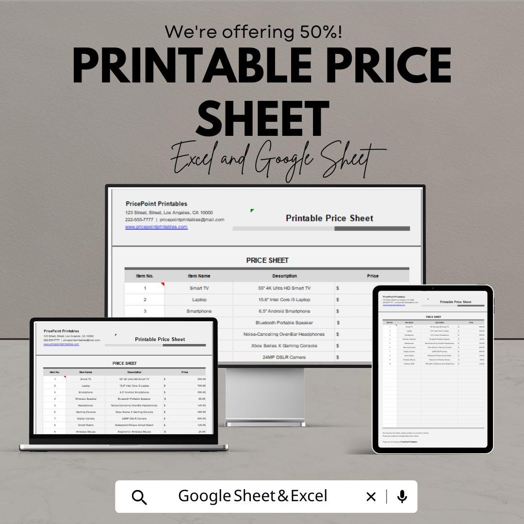 Printable Price Sheet Template - Excel & Google Sheets Format for Easy ...