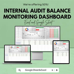 May include: An advertisement for an internal audit balance monitoring dashboard, displayed on a laptop, desktop monitor, and tablet. The text reads "We're offering 50%! INTERNAL AUDIT BALANCE MONITORING DASHBOARD Excel and Google Sheet."