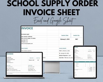 May include: An advertisement for a school supply order invoice sheet, displayed on a laptop, desktop monitor, and tablet. The text reads "SCHOOL SUPPLY ORDER INVOICE SHEET" and "Excel and Google Sheet". The image also includes the text "We're offering 50%!"