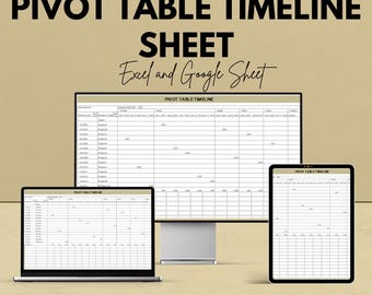 May include: An advertisement for a Pivot Table Timeline Sheet, compatible with Excel and Google Sheets. The image shows a desktop computer, a laptop, and a tablet displaying the spreadsheet. The text includes "We're offering 50%!"