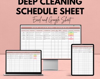 May include: A digital deep cleaning schedule sheet displayed on a laptop, desktop monitor, and tablet. The text on the image reads "DEEP CLEANING SCHEDULE SHEET" and "Excel and Google Sheet". The background is a light pink color.