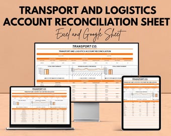 May include: An advertisement for a transport and logistics account reconciliation sheet, displayed on a laptop, desktop monitor, and tablet. The text reads "TRANSPORT AND LOGISTICS ACCOUNT RECONCILIATION SHEET" and "Excel and Google Sheet". The ad also states "We're offering 50%!"