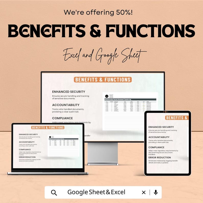 May include: An advertisement showing a computer monitor, laptop, and tablet with the text "BENEFITS & FUNCTIONS" and "Excel and Google Sheet." The image highlights features like enhanced security, accountability, and compliance. The text "We're offering 50%!" is also visible.