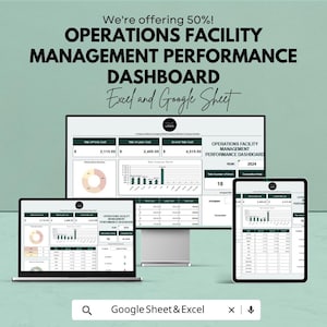 Może przedstawiać: Reklama dla pulpitu nawigacyjnego wydajności zarządzania obiektami operacyjnymi, kompatybilnego z programami Excel i Arkusze Google. Obraz przedstawia laptopa, monitor stacjonarny i tablet wyświetlające interfejs pulpitu nawigacyjnego. Tekst zawiera "We're offering 50%!"