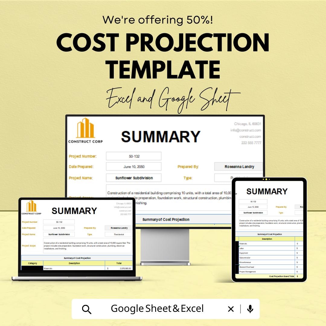 Cost Projection Template | Construction Cost Estimate Spreadsheet ...