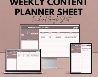 May include: A promotional image for a weekly content planner sheet, displayed on a computer monitor, laptop, and tablet. The text reads "Weekly Content Planner Sheet Excel and Google Sheet" with a 50% off offer. The planner shows a calendar and content details.