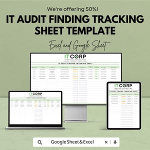 Può includere: Un modello di foglio di monitoraggio dei risultati dell'audit IT viene visualizzato su un laptop, un monitor desktop e un tablet. Il testo sullo schermo recita "IT Audit Finding Tracking Sheet". L'immagine include anche il testo "Excel and Google Sheet".