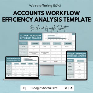 May include: A teal graphic promoting an Accounts Workflow Efficiency Analysis Template. The text includes "We're offering 50%!" and "Excel and Google Sheet." The template is displayed on a laptop, desktop monitor, and tablet.