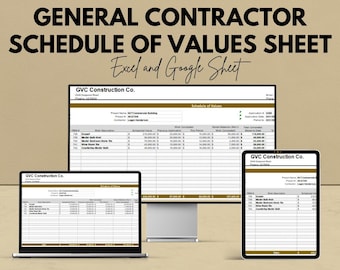 May include: An advertisement for a General Contractor Schedule of Values Sheet, available in Excel and Google Sheet formats. The image shows the sheet displayed on a laptop, desktop monitor, and tablet. The text includes "We're offering 50%!"