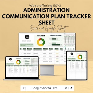 Op de afbeelding: Afbeelding ter promotie van een communicatieplantracker sheet, weergegeven op een laptop, desktopmonitor en tablet. De tekst luidt "ADMINISTRATION COMMUNICATION PLAN TRACKER SHEET Excel and Google Sheet".