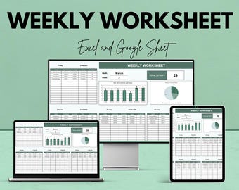 Könnte beinhalten: Werbebild für ein wöchentliches Arbeitsblatt, das auf einem Laptop, einem Desktop-Monitor und einem Tablet angezeigt wird. Der Text lautet "WEEKLY WORKSHEET" und "Excel and Google Sheet". Das Bild enthält auch den Text "We're offering 50%!" und "Google Sheet & Excel".