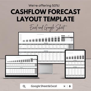 Könnte beinhalten: Digitales Mockup einer Cashflow-Forecast-Layout-Vorlage, die auf einem Laptop, einem Desktop-Monitor und einem Tablet angezeigt wird. Der Text auf dem Bild lautet: "We're offering 50%! CASHFLOW FORECAST LAYOUT TEMPLATE Excel and Google Sheet."