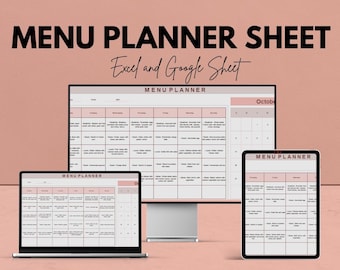 Menu Planner Sheet - Monthly Meal Planner Excel & Google Sheet Template for Organized Weekly Meal Prep