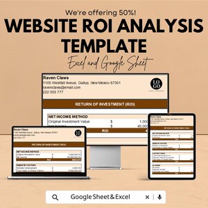 May include: A website ROI analysis template displayed on a laptop, desktop monitor, and tablet. The template includes the text "Website ROI Analysis Template" and "Excel and Google Sheet". The Raven Claws logo and contact information are also visible.