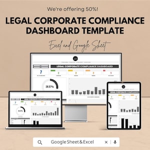 Könnte beinhalten: Werbebild für eine Vorlage für ein Legal Corporate Compliance Dashboard. Die Vorlage wird auf einem Laptop, einem Desktop-Monitor und einem Tablet angezeigt. Der Text enthält "Legal Corporate Compliance Dashboard Template" und "Excel and Google Sheet".