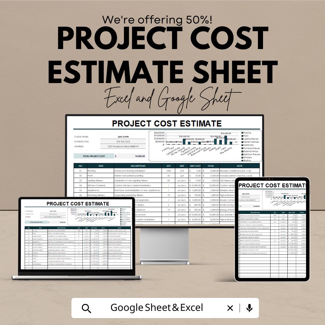 Project Cost Estimate Sheet | Excel and Google Sheets | Editable Budget ...