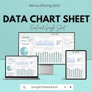 May include: An advertisement for data chart sheets, showing a laptop, desktop monitor, and tablet displaying data visualizations. The text reads "DATA CHART SHEET Excel and Google Sheet" with a 50% off offer. The charts include bar graphs and pie charts.