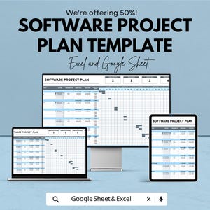 Könnte beinhalten: Werbung für eine Software-Projektplanvorlage, angezeigt auf einem Laptop, einem Desktop-Monitor und einem Tablet. Der Text lautet: "We're offering 50%! SOFTWARE PROJECT PLAN TEMPLATE Excel and Google Sheet."