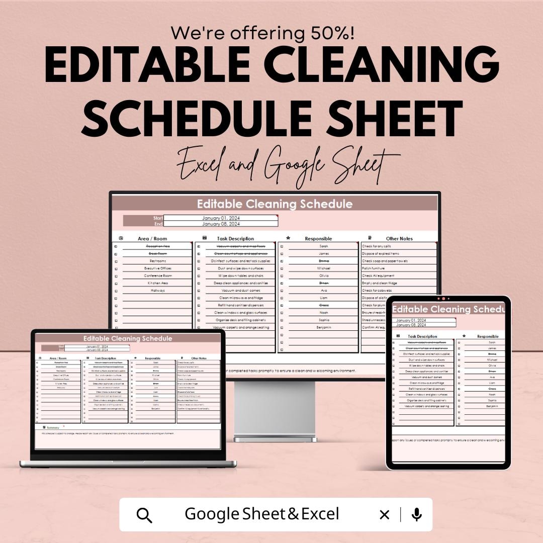 Editable Cleaning Schedule Sheet | Google Sheets and Excel Template ...